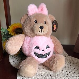 Plush Teddy Bear with Pink Pumpkin Costume